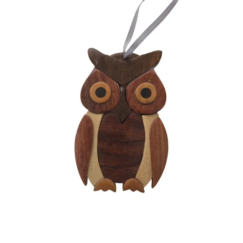 Handcrafted Wooden Owl Ornament With Ribbon Hanger 4 in‎ X 3 in